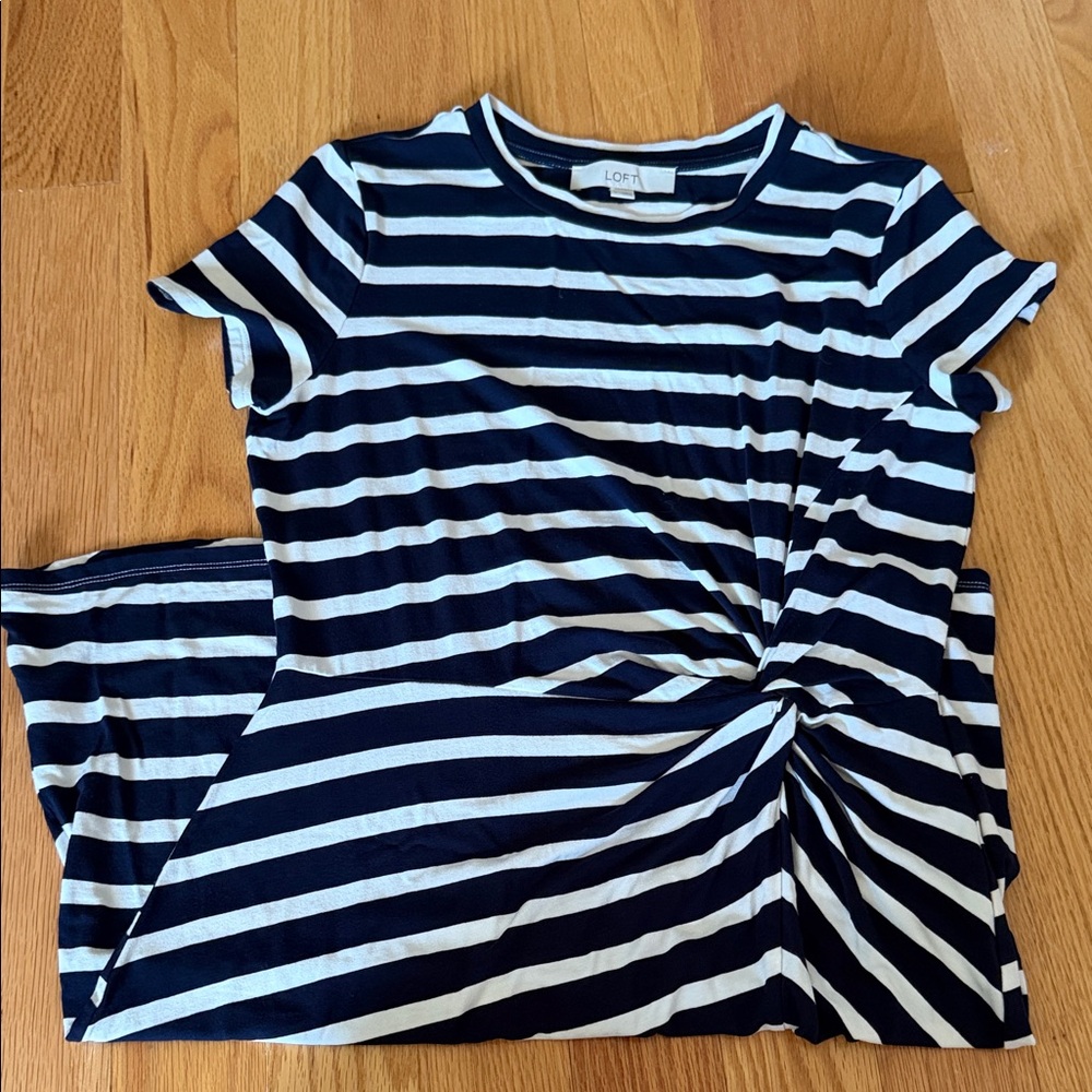 LOFT Navy and White Twist Front Striped Dress